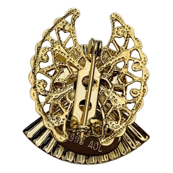 Vintage Jane Clear Faceted Glass Fan Paisley Shiny Yellow Gold Tone Brooch - Picture 5 of 6